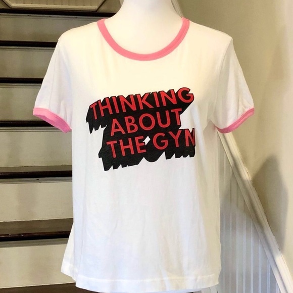 WILD FOX Pink Contrast Trim Thinking About Going To The Gym Slogan Tee Sz MD NWT - Picture 5 of 13